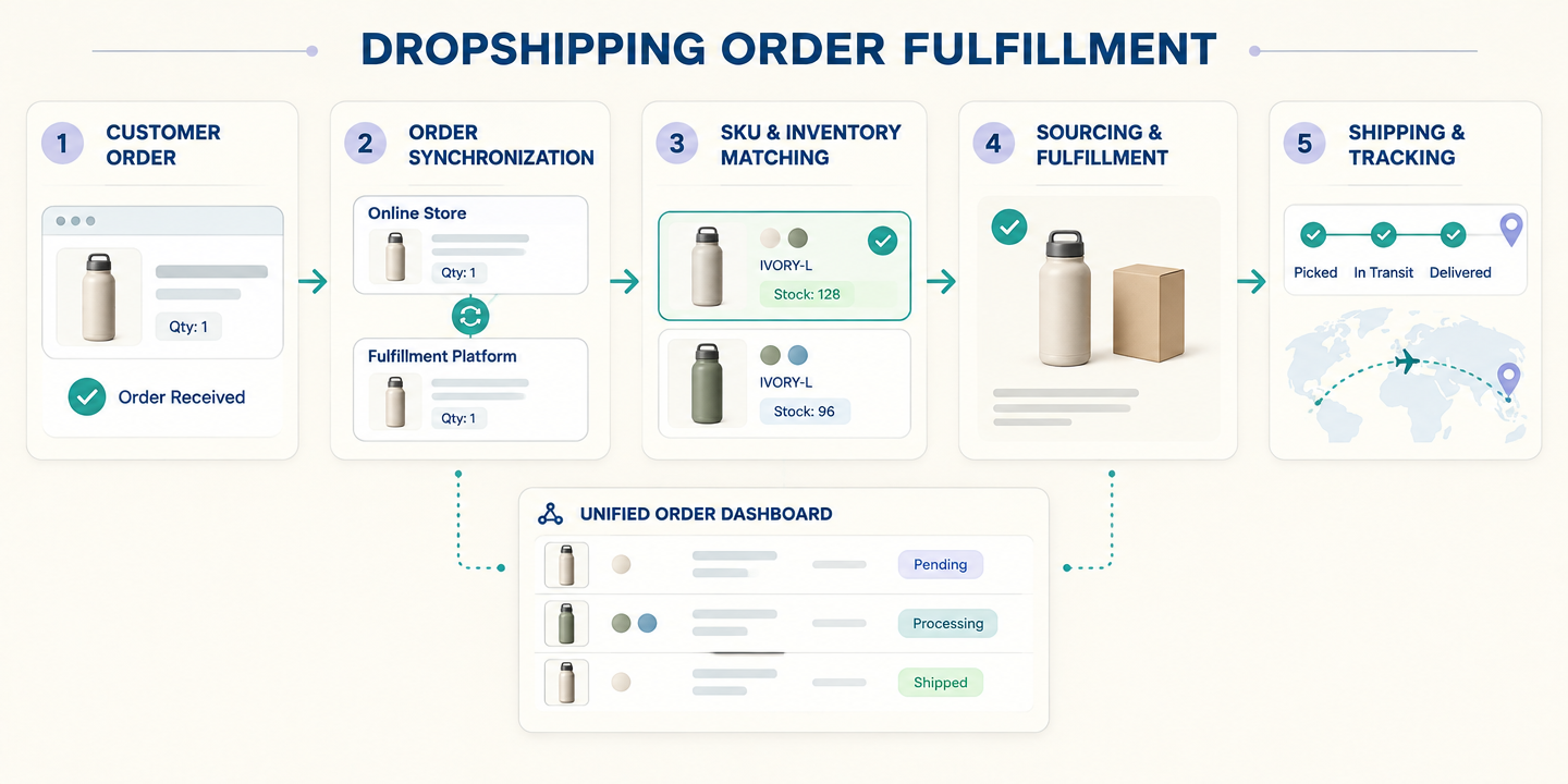 1688 dropshipping order fulfillment workflow showing order synchronization SKU matching and tracking