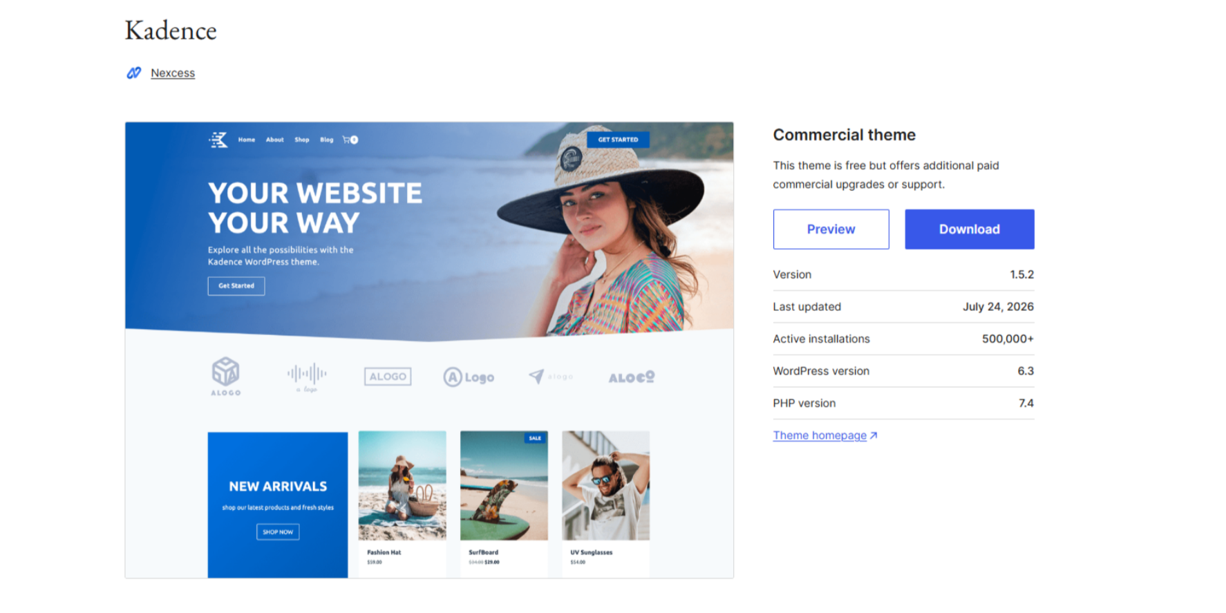 Kadence WooCommerce theme preview featuring a fashion storefront with product grids and a large lifestyle hero image