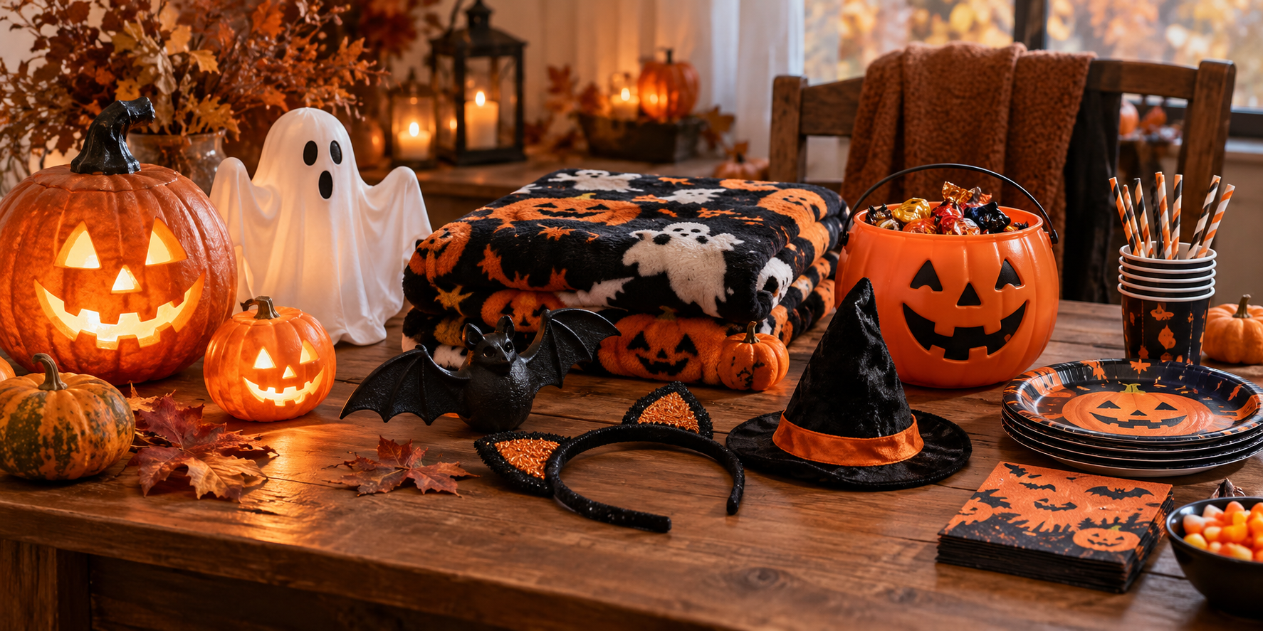 Halloween dropshipping products including pumpkin lanterns, ghost decorations, candy buckets, and party supplies