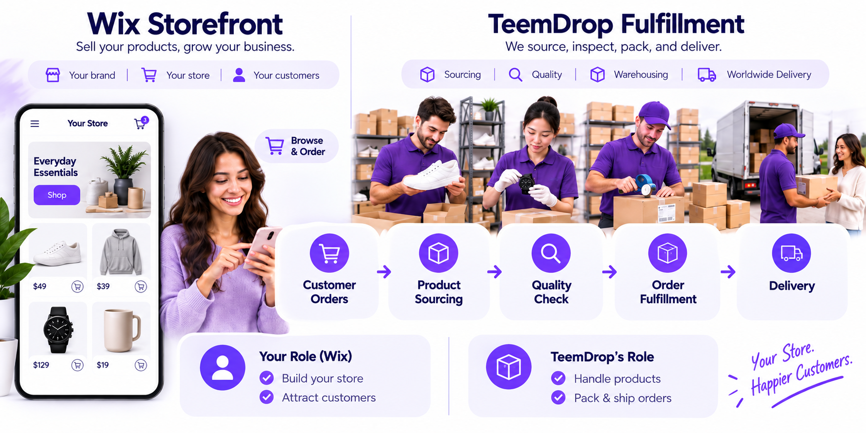 Wix storefront and TeemDrop dropshipping fulfillment workflow
