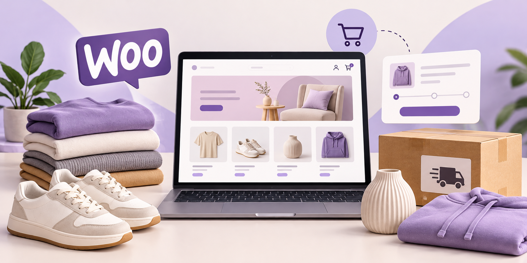 Illustrated WooCommerce dropshipping store with fashion and home decor products