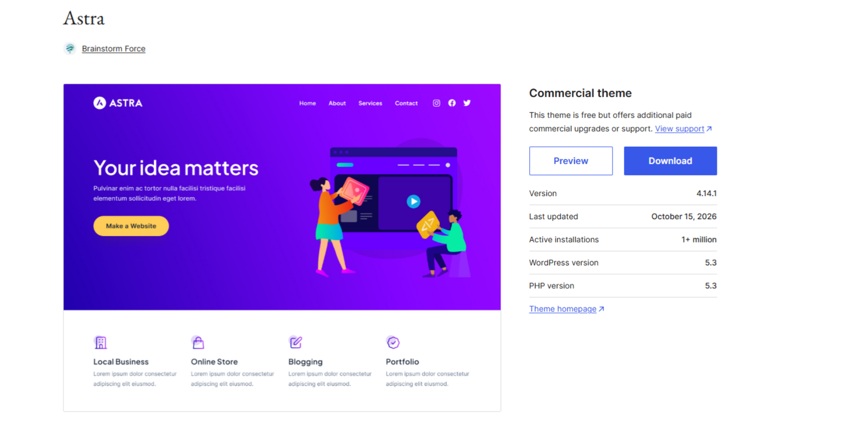 Astra WooCommerce theme preview featuring a purple homepage design and online store layout options