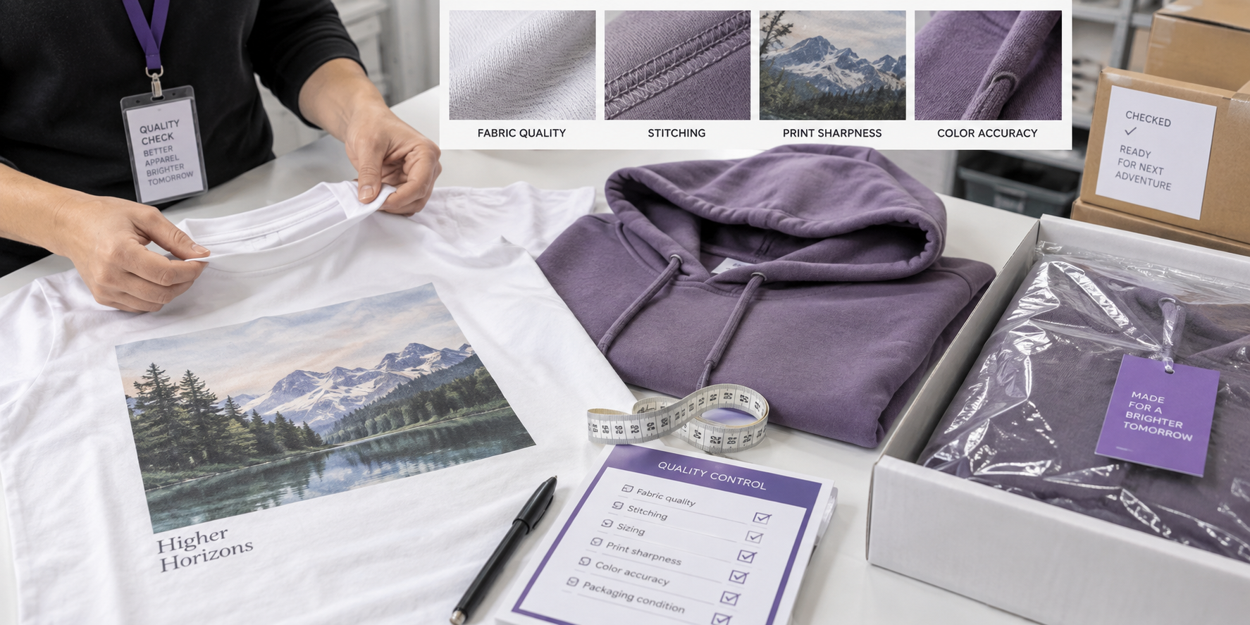 Quality control inspection of custom clothing, print quality, stitching, and fabric