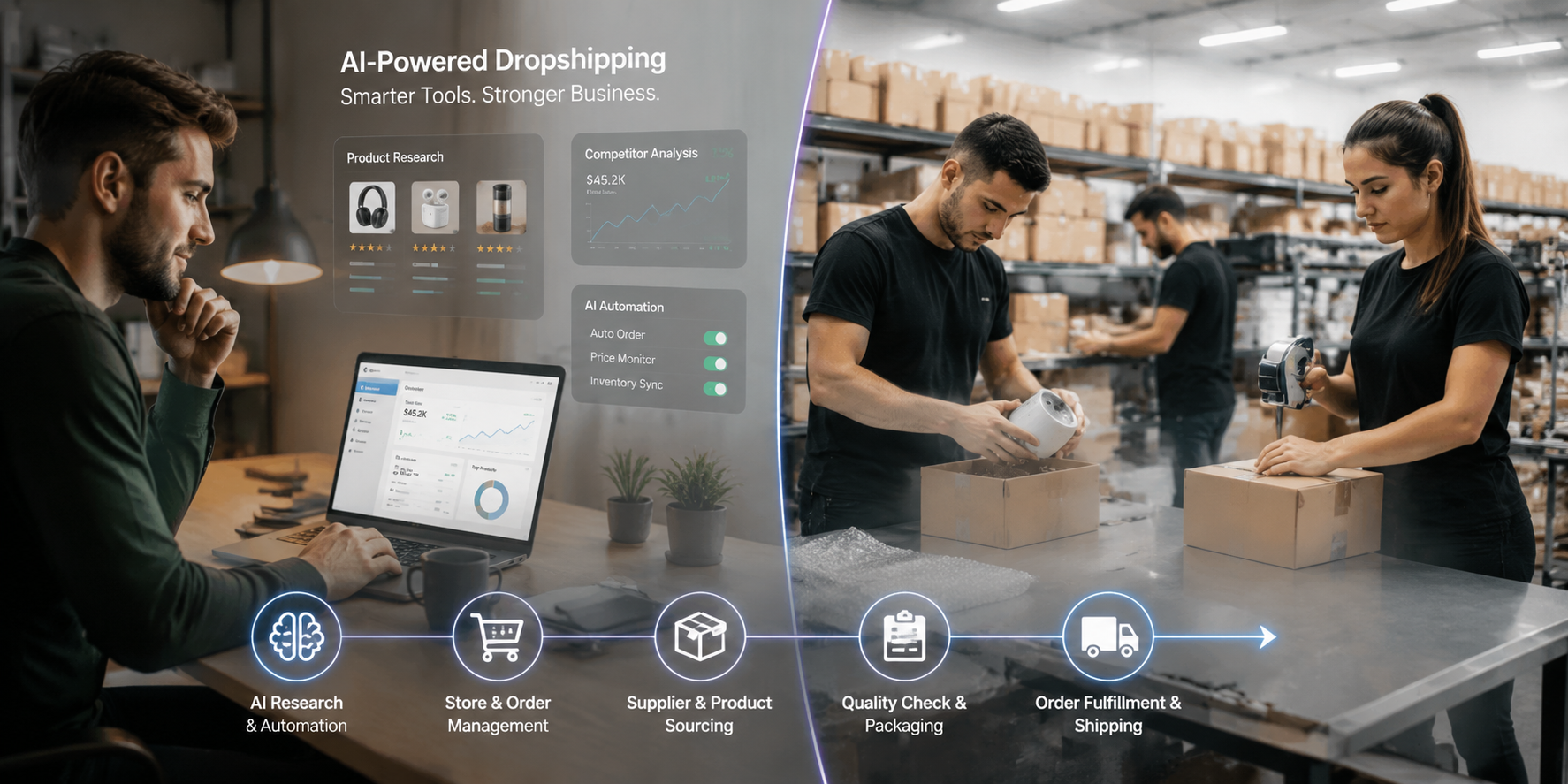 AI supports dropshipping research and automation while suppliers and fulfillment handle physical orders