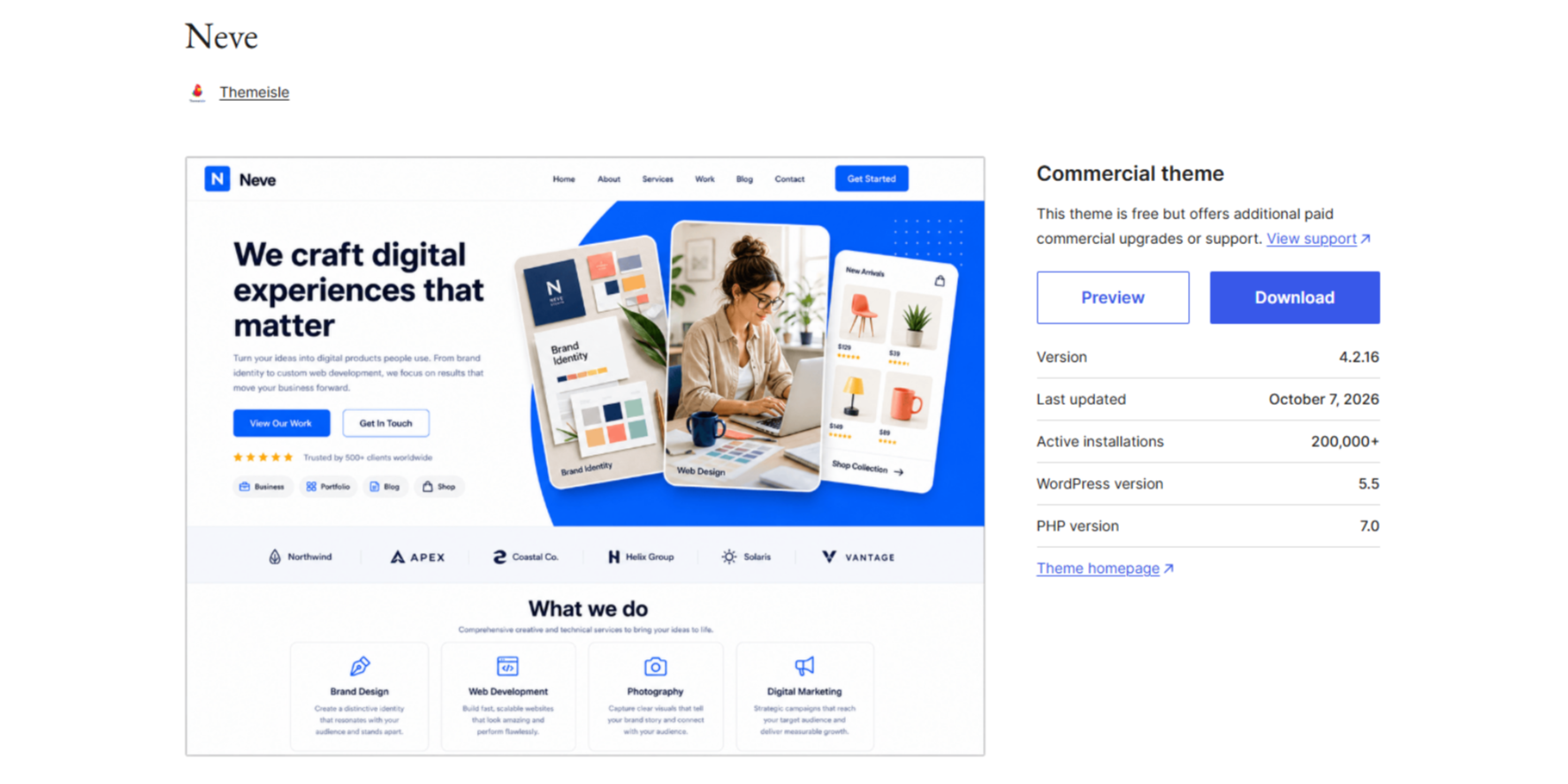 Neve WooCommerce theme preview featuring a modern website layout with a bold hero section, product cards, and service grid
