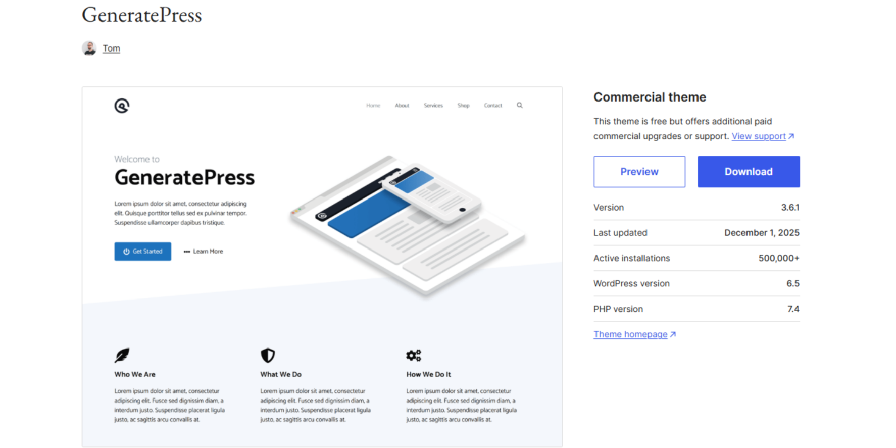 GeneratePress WooCommerce theme preview featuring a minimalist website layout, clean navigation, and a responsive design mockup