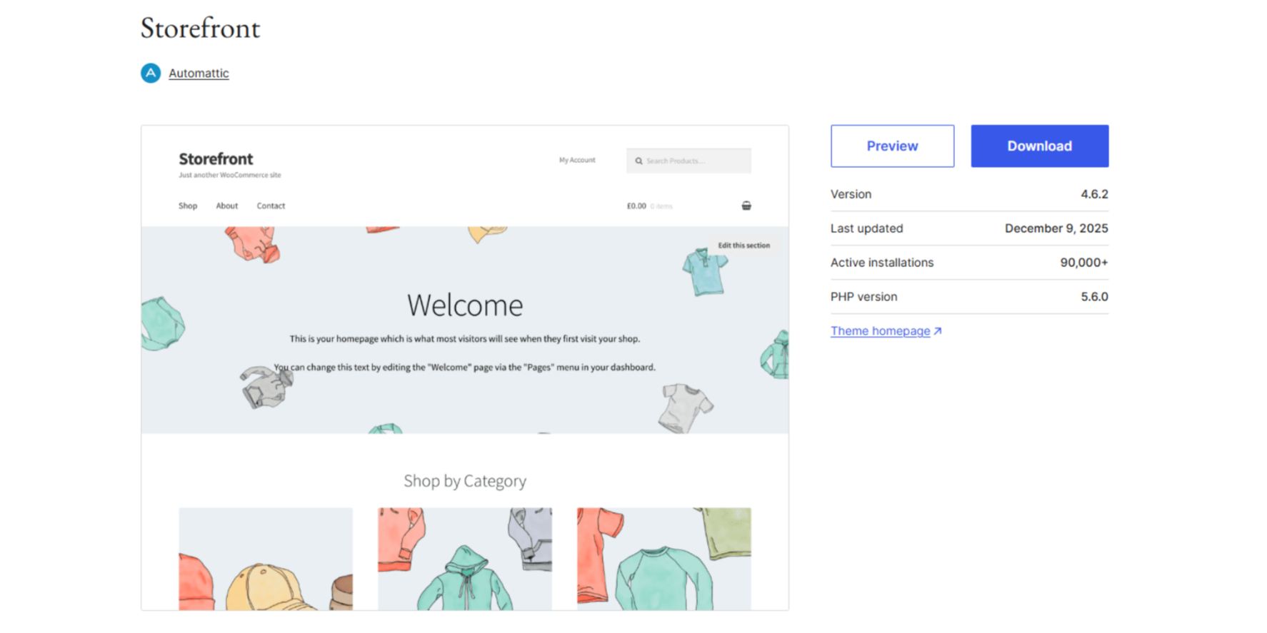 Storefront WooCommerce theme preview featuring a simple online clothing store with a welcome banner and product category grid