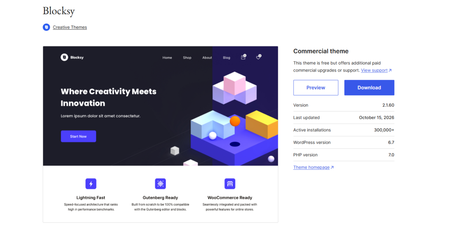 Blocksy WooCommerce theme preview featuring a modern geometric homepage design and performance-focused store layout