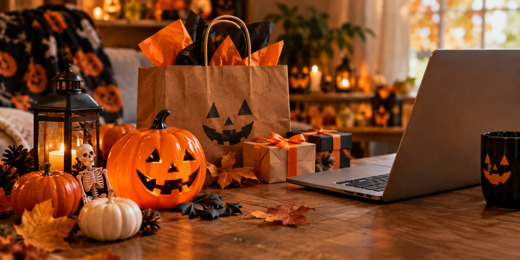Halloween gift bag, pumpkin decorations, and festive gift boxes on a warmly lit table