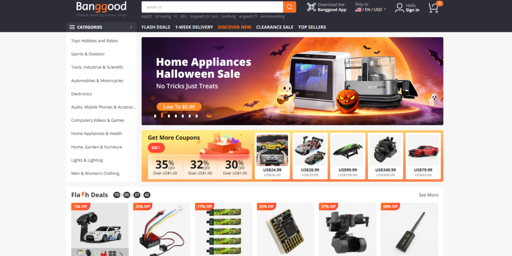 Banggood online marketplace homepage featuring product categories