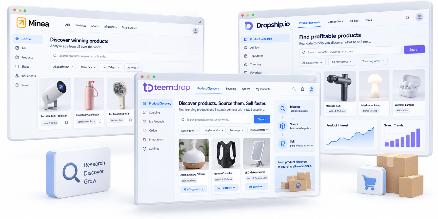 Dropshipping product research tools including TeemDrop, Minea and Dropship.io
