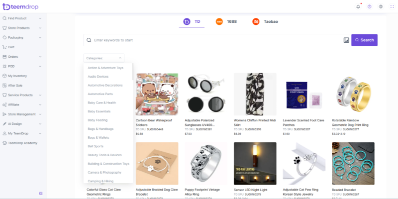 TeemDrop dropshipping platform product research dashboard categories menu