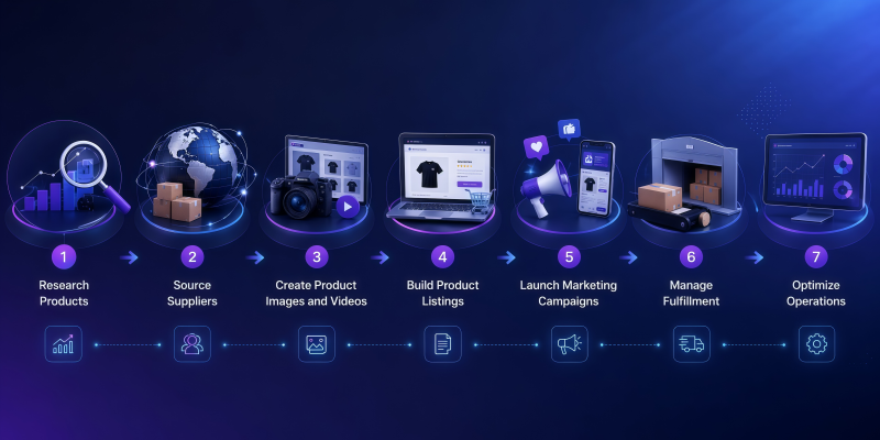 E-commerce dropshipping business workflow step-by-step process