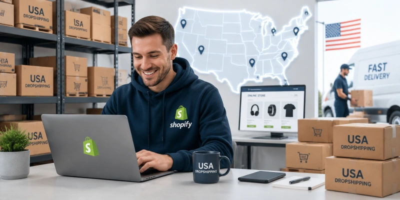 Shopify USA dropshipping fulfillment warehouse e-commerce store owner working on laptop