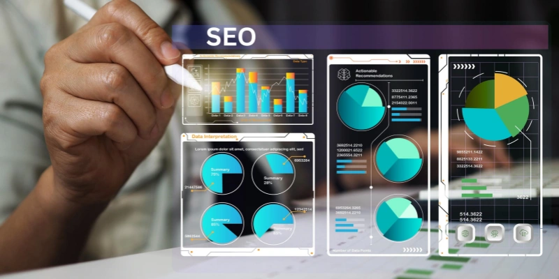 SEO charts and graphs on transparent display
