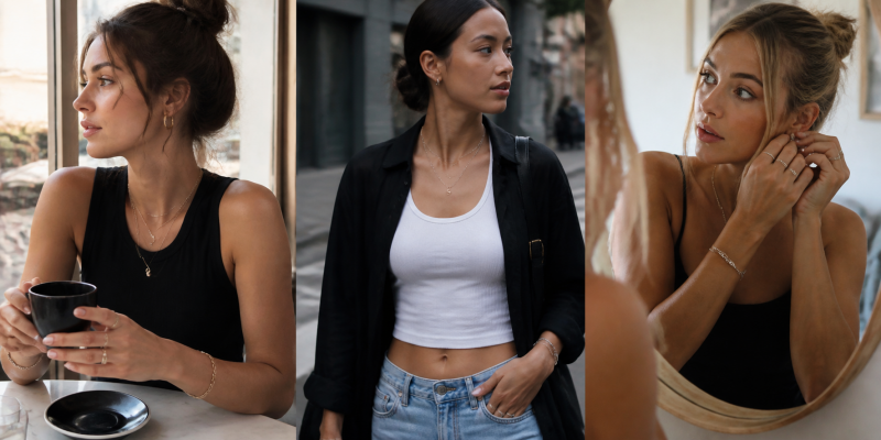 Young women wearing jewelry in everyday fashion settings