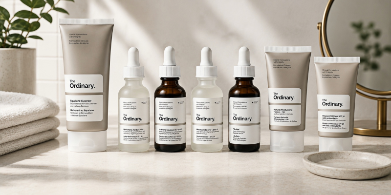 The Ordinary product line featuring cleansers, serums, moisturizers, and skincare essentials