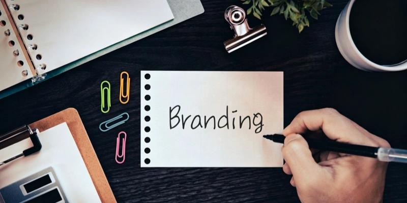 Branding concept hand writing on paper desk office supplies