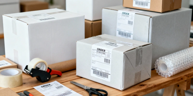 Cardboard boxes with shipping labels tape and packing tools on table