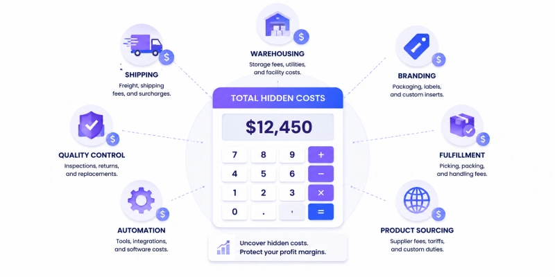 Dropshipping total hidden costs calculator infographic shipping warehousing branding fulfillment sourcing