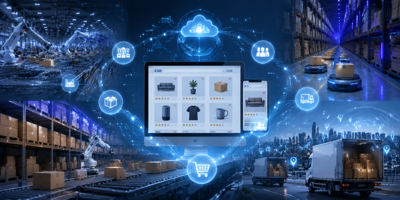 Automated e-commerce supply chain smart warehouse robotic fulfillment logistics delivery