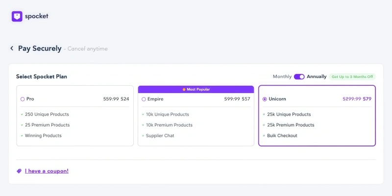 Spocket pricing plans pro empire unicorn