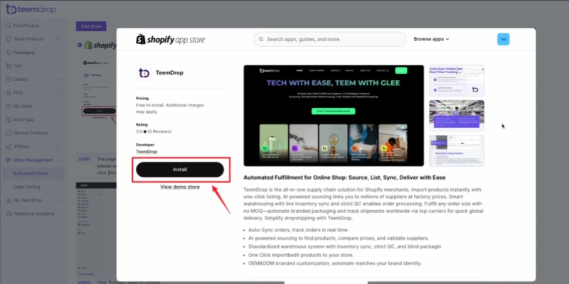 Teemdrop shopify app store install button automated fulfillment dropshipping
