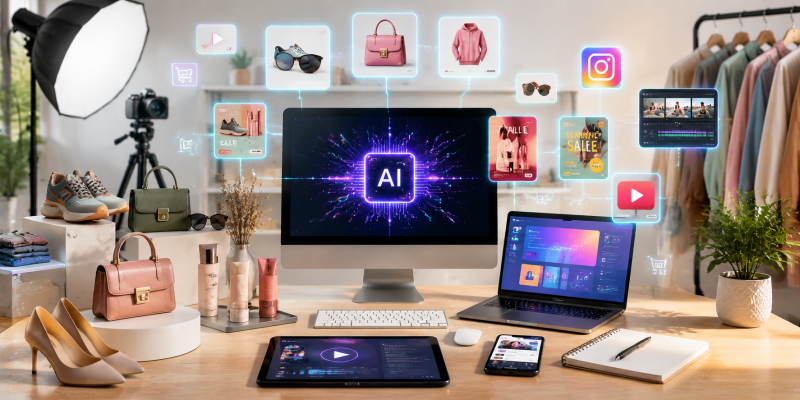 AI-powered e-commerce marketing content creation social media ads video editing product photography