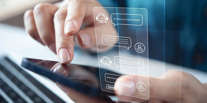 Hand touching smartphone with holographic live chat customer support interface
