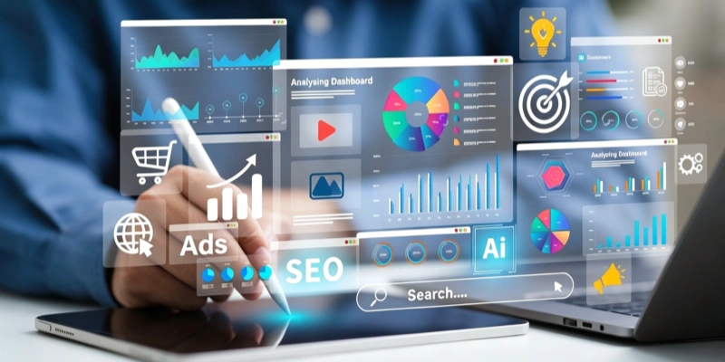 SEO digital marketing analytics AI ads holographic interface dashboard