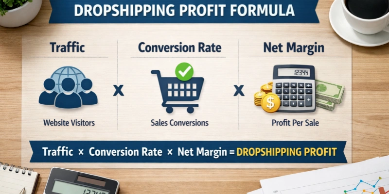 Dropshipping profit formula infographic with icons
