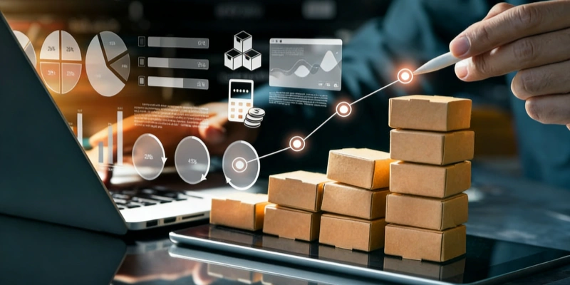 Rising sales graph with boxes and data charts