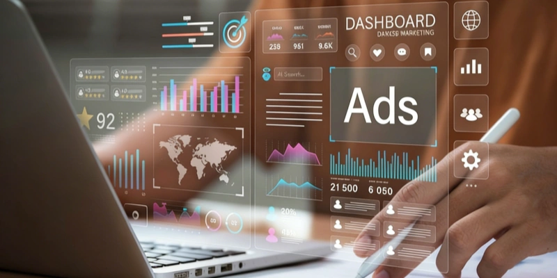 Futuristic holographic dashboard with ads analytics charts on laptop screen
