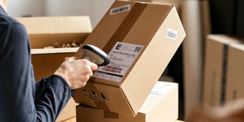 Warehouse worker scanning barcode cardboard shipping box dropshipping fulfillment