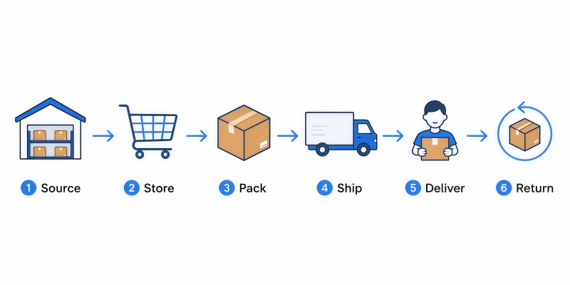 Dropshipping order fulfillment process source store pack ship deliver return