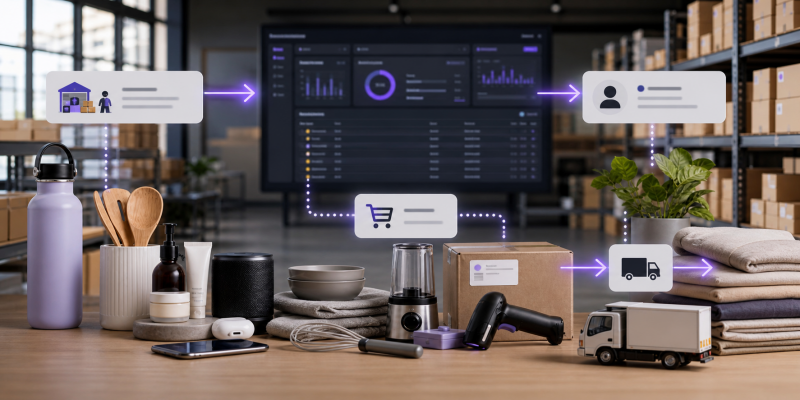 Dropshipping inventory management dashboard with physical ecommerce products