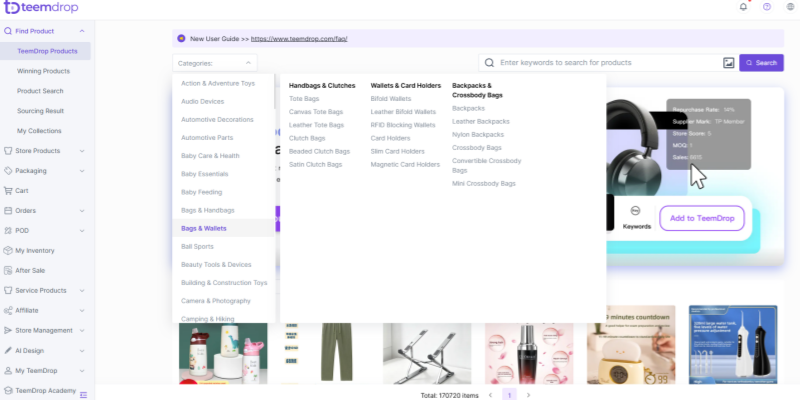 TeemDrop platform dashboard product categories search interface