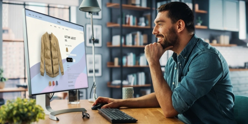 Ecommerce entrepreneur smiling at online store product page