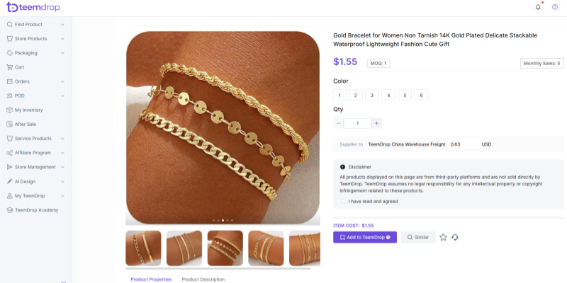 TeemDrop jewelry dropshipping gold plated bracelet sourcing