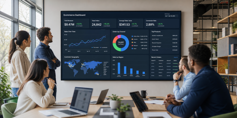 Ecommerce business dashboard displayed in modern office meeting room with team