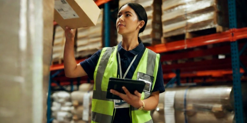 Warehouse worker female inventory check tablet safety vest