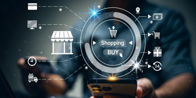 Person holding smartphone with shopping buy interface