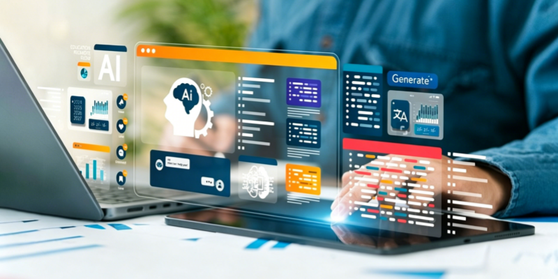 AI content generator machine learning translation code development laptop
