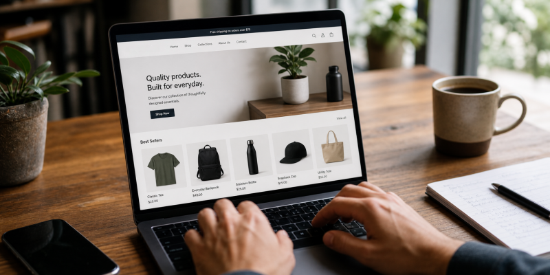 Online store front page displayed on laptop screen