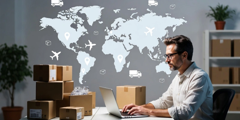 Dropshipping entrepreneur laptop global logistics world map fulfillment