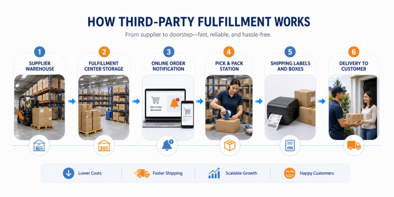 Third-party fulfillment process infographic from supplier to happy customer