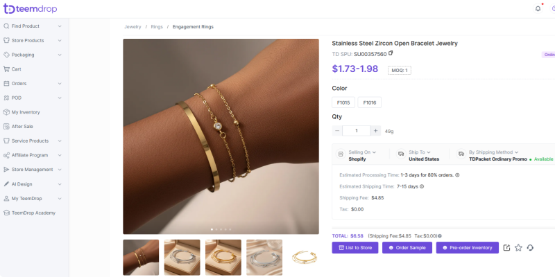 TeemDrop jewelry dropshipping zircon bracelet sourcing