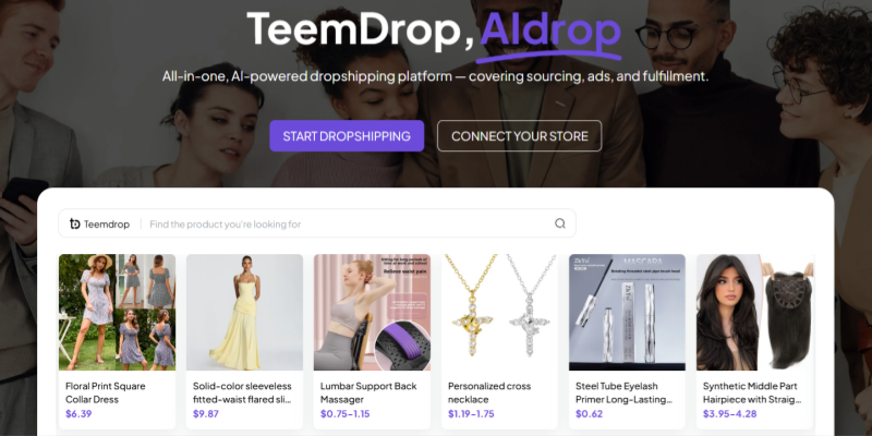 TeemDrop aidrop dropshipping platform homepage product search sourcing fulfillment