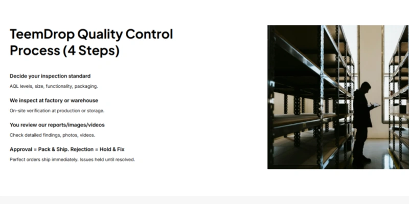 TeemDrop quality control process 4 steps factory inspection
