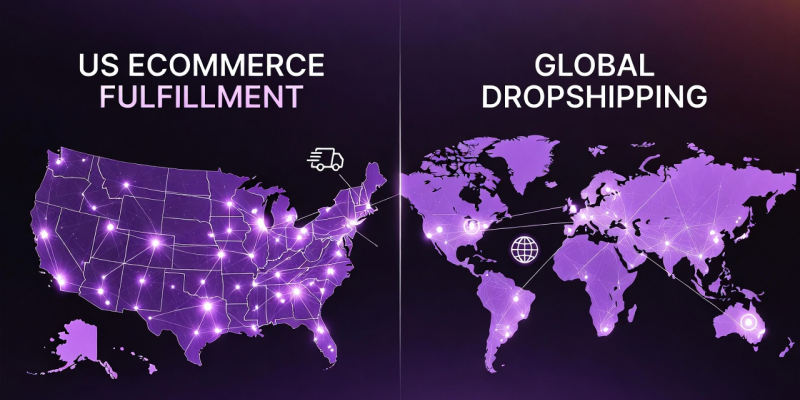 US ecommerce fulfillment global dropshipping maps comparison illustration